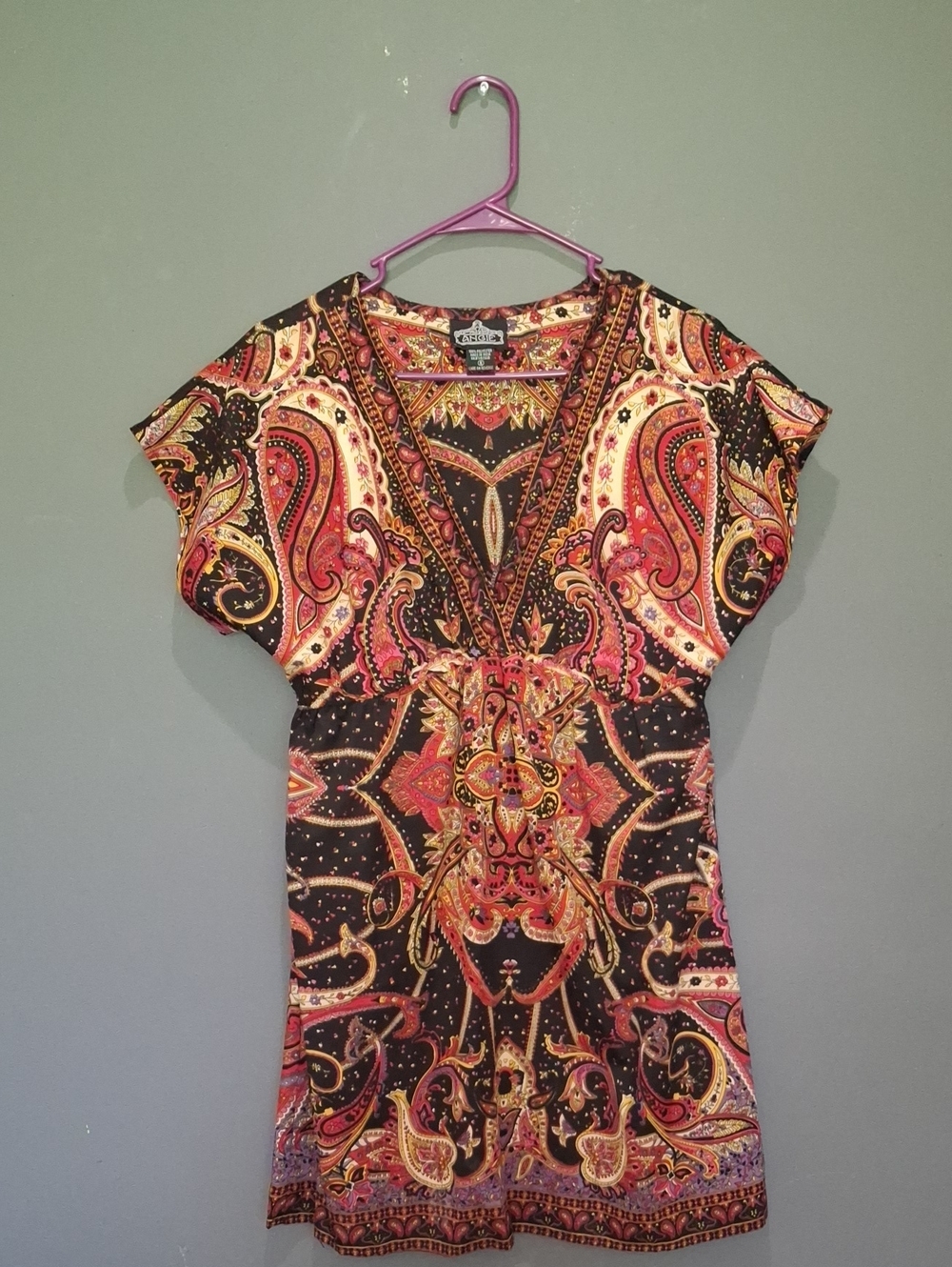 Black and Pink Paisley V-Neck Mini Dress